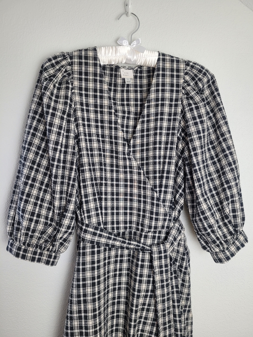 A New Day Black and Cream Plaid Wrap Midi Dress - Picture 2 of 14